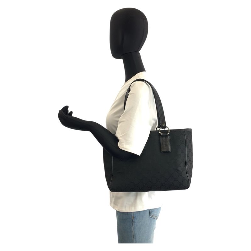 Gucci Black Silver Hardware GG Canvas/leather 113019 Tote Bag Shoulder Bag