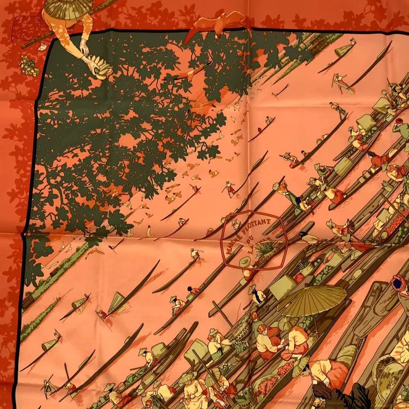 Hermes Carre 90 Marche Flottant DU LAC INLE Lake Inle Floating Market Scarf