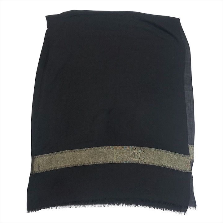 Chanel CC Logo Silk Large Shawl Scarf Pashmina Black Gold