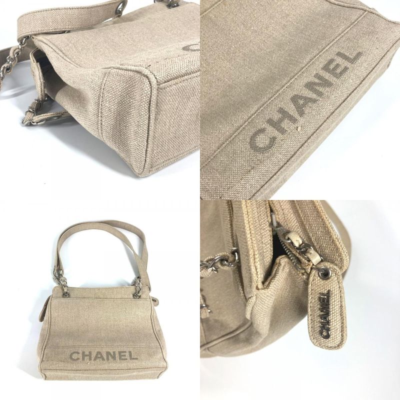 Chanel Shoulder Bag CC Coco Mark Canvas Beige