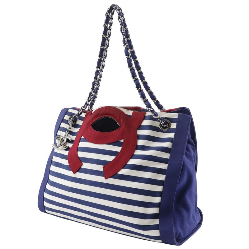 Chanel Chain Tote Cruise Line Striped A47944 Cotton And Nylon Navy Blue Ladies
