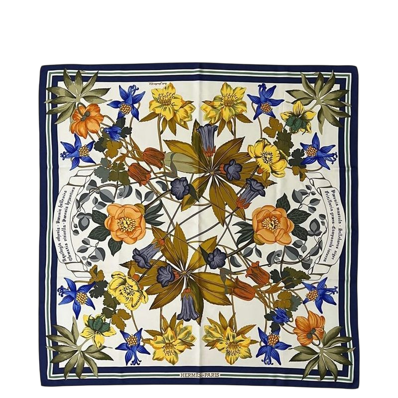 Hermes Scarf Carré 90 White Navy Hellas Flowers Excellent Condition