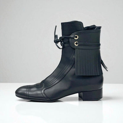 Chanel Boots Short Boots Shoes Leather Black Here Mark Fringe