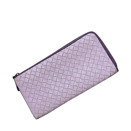 Bottega Veneta L Shaped Zipper Long Wallet In Purple Intrecciato Excellent
