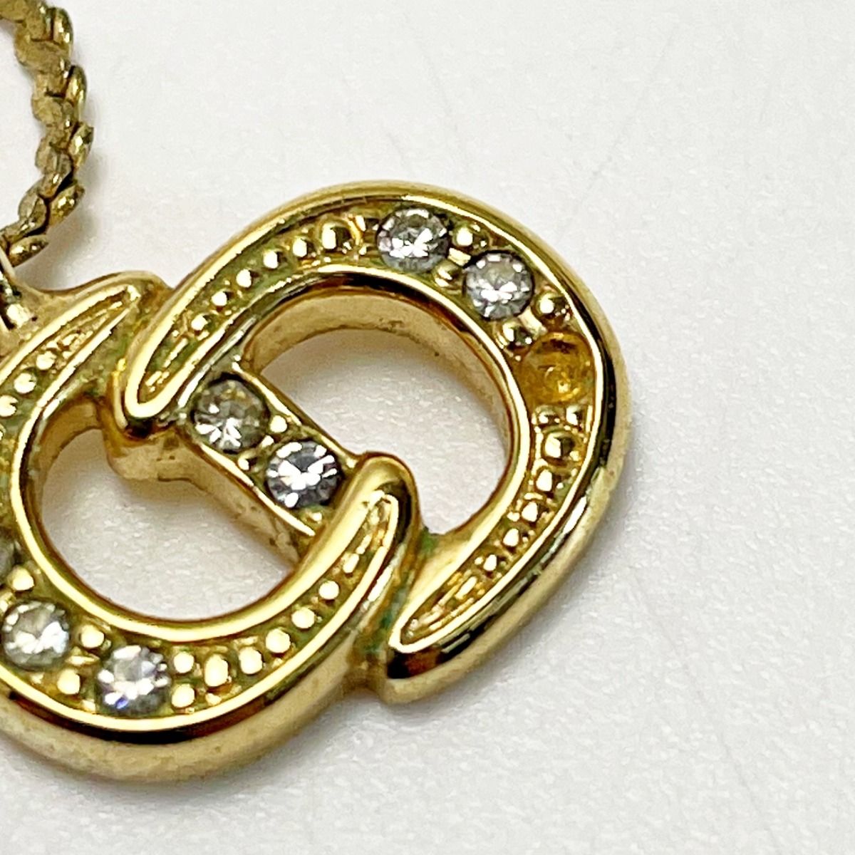 Christian Dior CD Logo Necklace Gold Rhinestone GP Women's Accessories