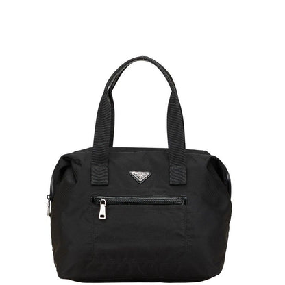 Prada Triangle Logo Plate Handbag Tote Bag Vr4377 Black Nylon Leather Women