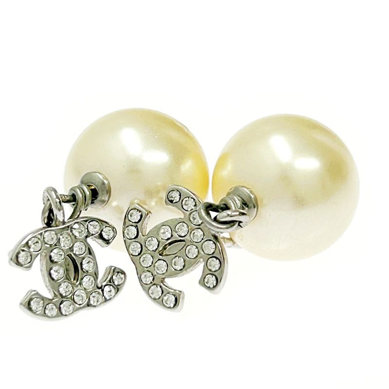 Chanel Metal Rhinestone Faux Pearl B14v Coco Mark Swing Earrings Silver 351237