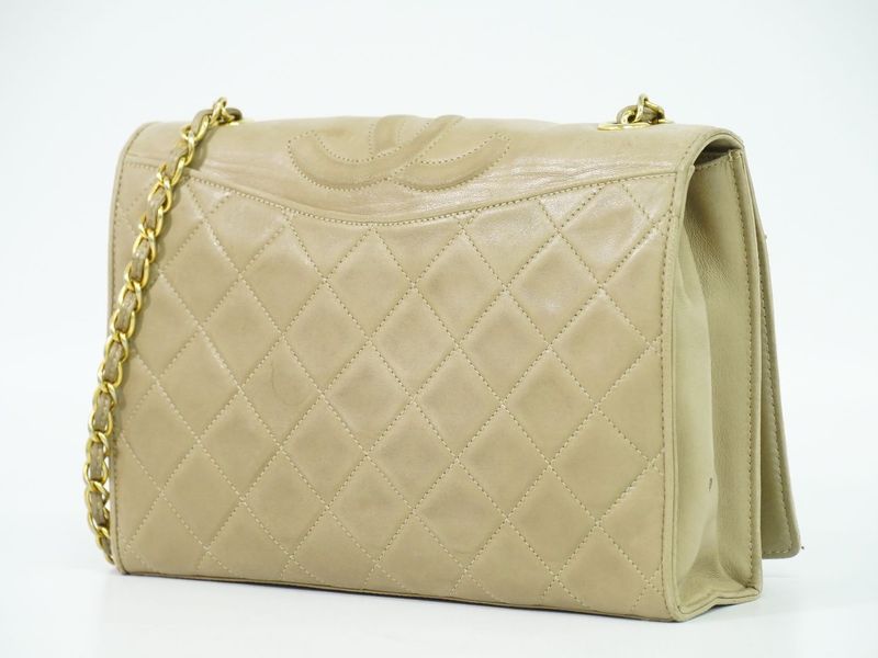 Authentic Chanel Matelasse Coco Mark Chain Shoulder Bag Lambskin Leather Beige