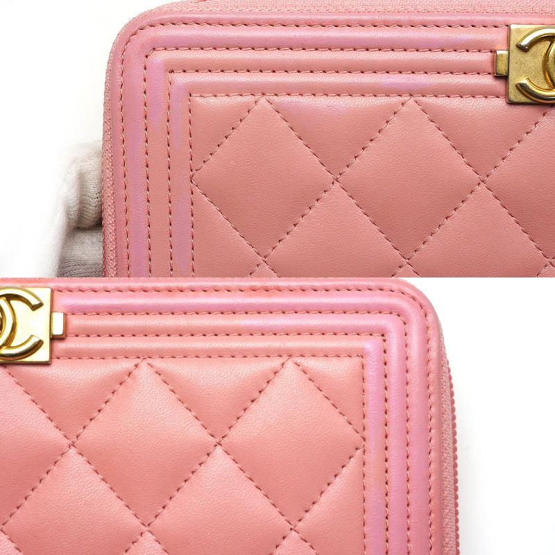 Chanel Round Zip Long Wallet Boy Chanel Coco Mark Pink Authenticity With Box