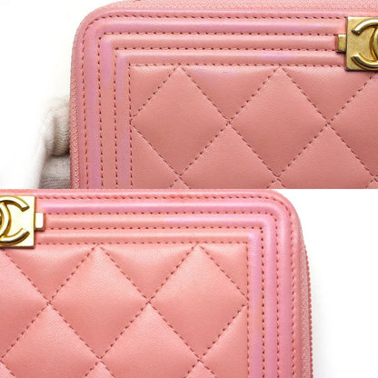 Chanel Round Zip Long Wallet Boy Chanel Coco Mark Pink Authenticity With Box