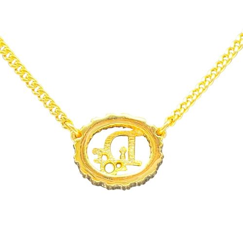 Christian DIOR Necklace Rhinestone Vintage Round Logo Gold