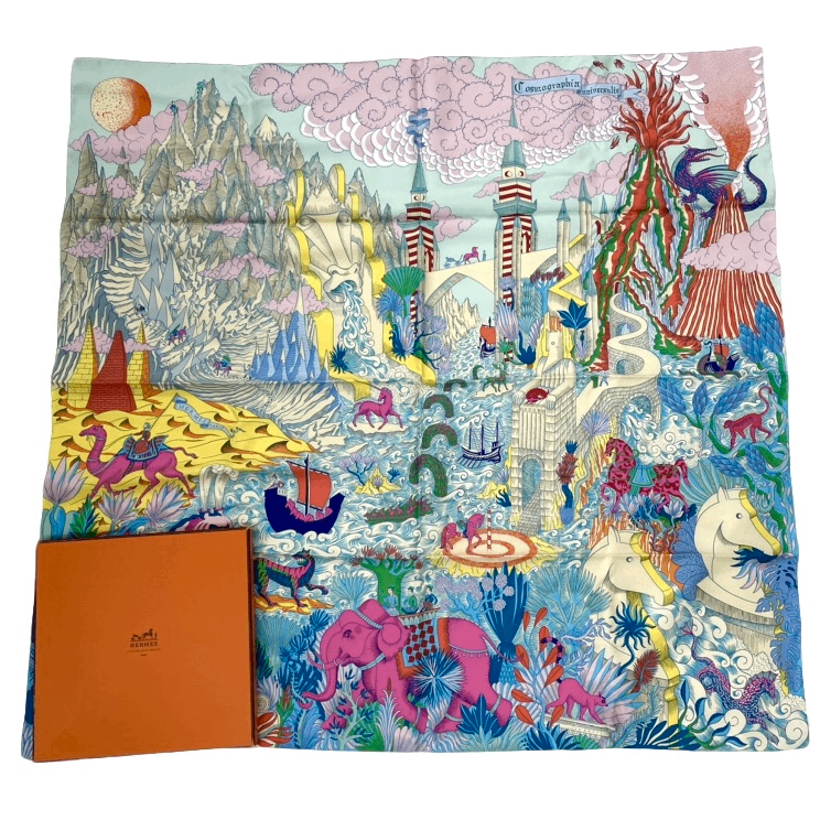 Hermes Carre 90 Silk Cosmo Graphia Universalis Space Magazine Scarf Multicolor