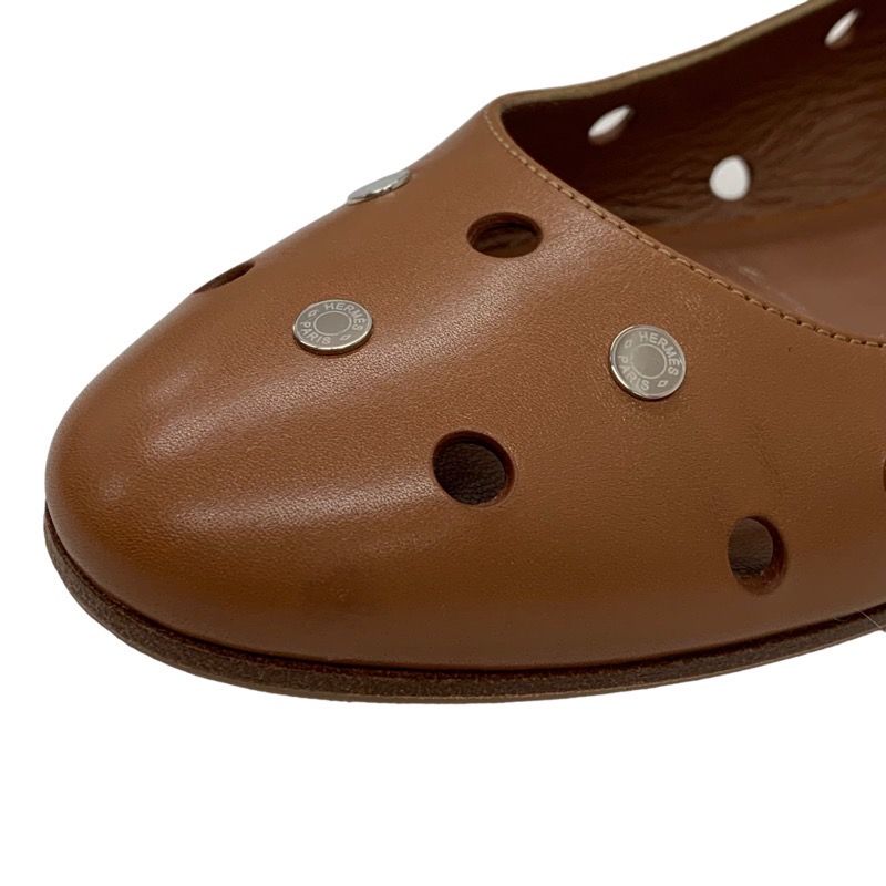 Hermes Flat Shoes Leather Brown Silver Punching Serie Button