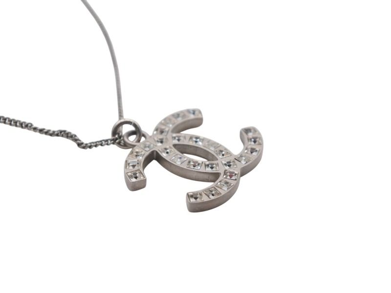 Chanel CC Logo Square Rhinestone Necklace 12 45 Silver Metal — view 3