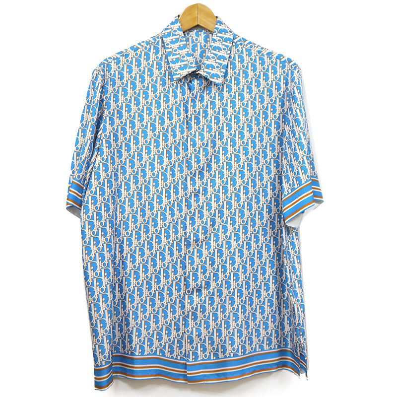 Dior Oblique Allover Silk Short Sleeve Shirt Size 38 Blue