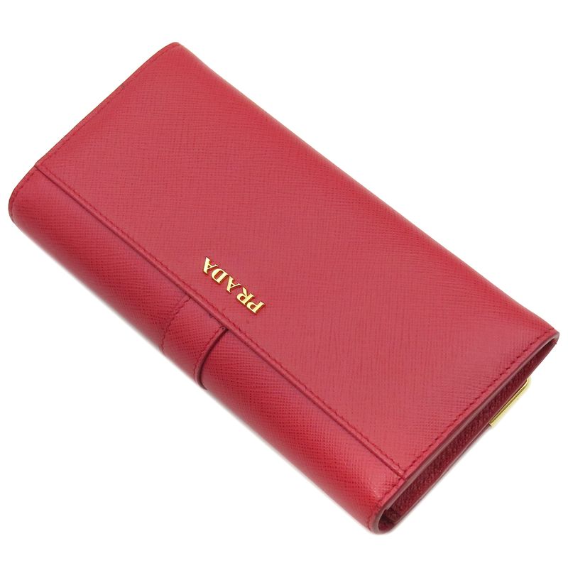 Prada Long Wallet Caier Wallet Saffiano Leather Fuoco Gold Hardware Red