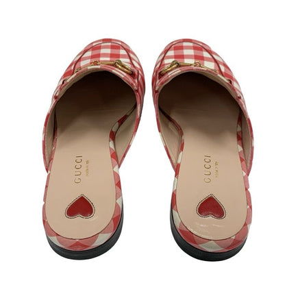 Gucci Prince Town Flat Shoes Fabric Red White Gold Mule Slipper Sandals Check