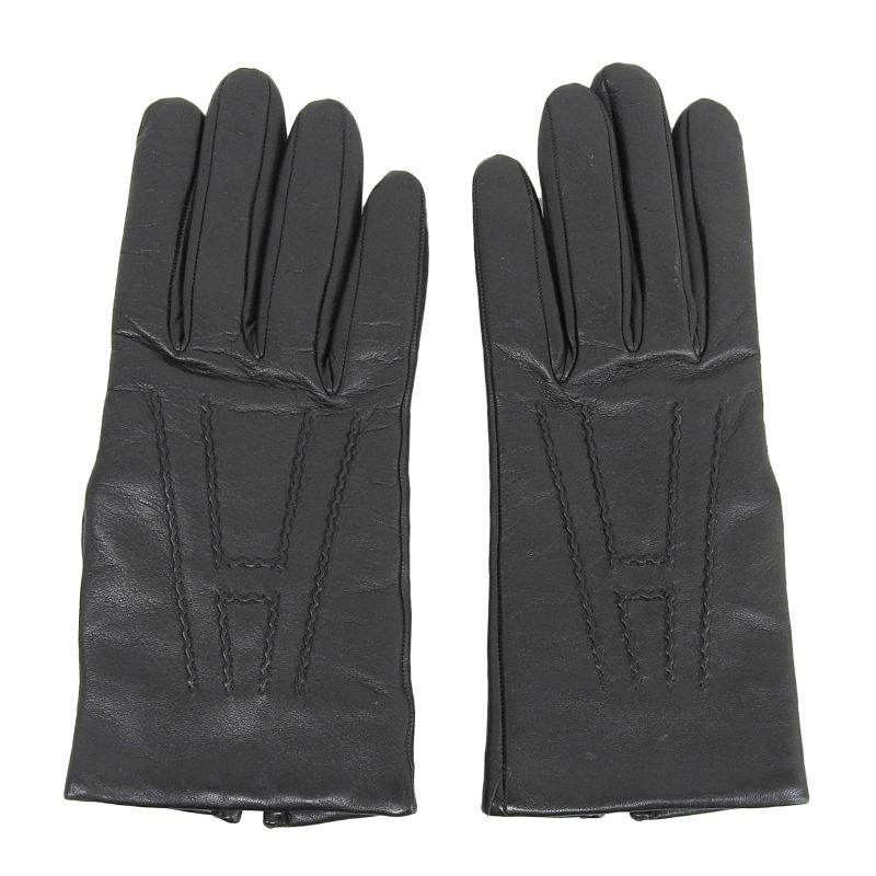 Hermes Lambskin Sheepskin 100% Cashmere Lining H Logo Design Gloves Black 7.5