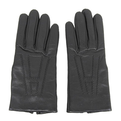 Hermes Lambskin Sheepskin 100% Cashmere Lining H Logo Design Gloves Black 7.5