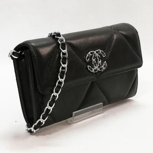 CHANEL 19 Lambskin Flap Wallet on Chain Shoulder Bag Crossbody Black - The Reluxe