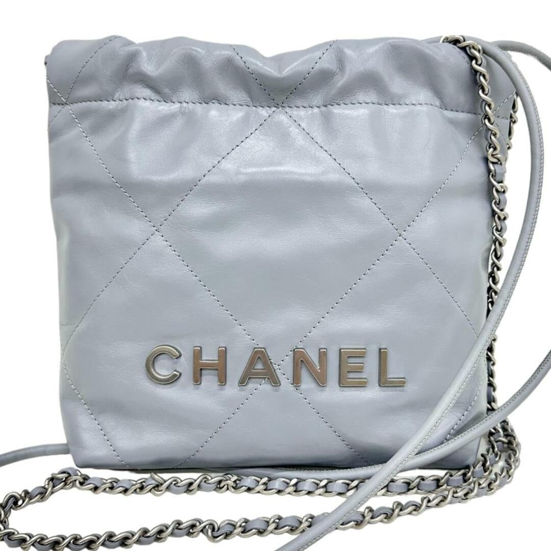 Chanel 22 Mini Chain Hobo Shiny Calfskin Quilted Light Grey - The Reluxe