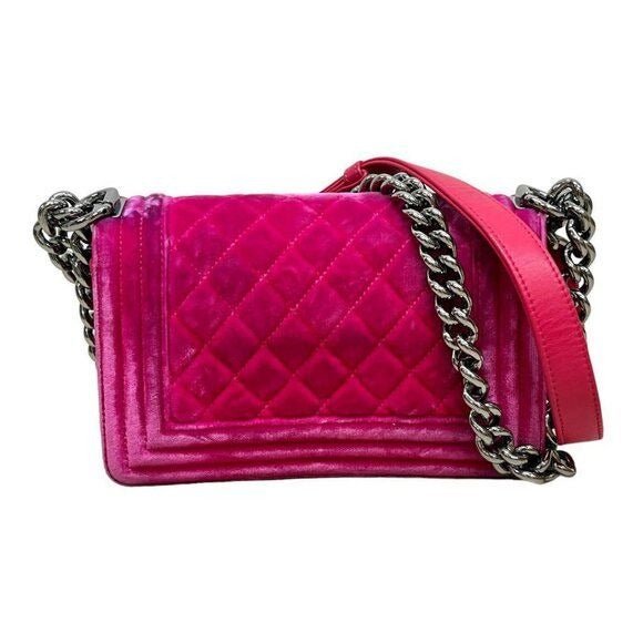 CHANEL Boy Flap Bag Quilted Chain Shoulder Bag Velvet Pink Fuchsia - The Reluxe