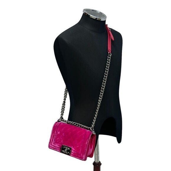 CHANEL Boy Flap Bag Quilted Chain Shoulder Bag Velvet Pink Fuchsia - The Reluxe