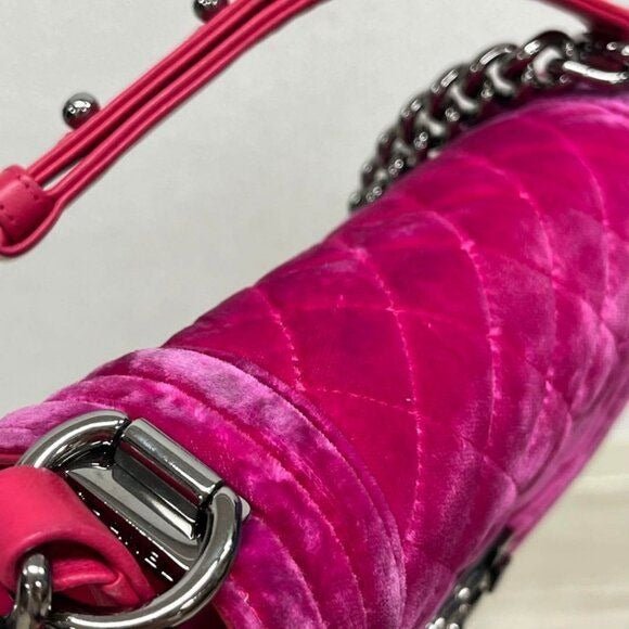 CHANEL Boy Flap Bag Quilted Chain Shoulder Bag Velvet Pink Fuchsia - The Reluxe