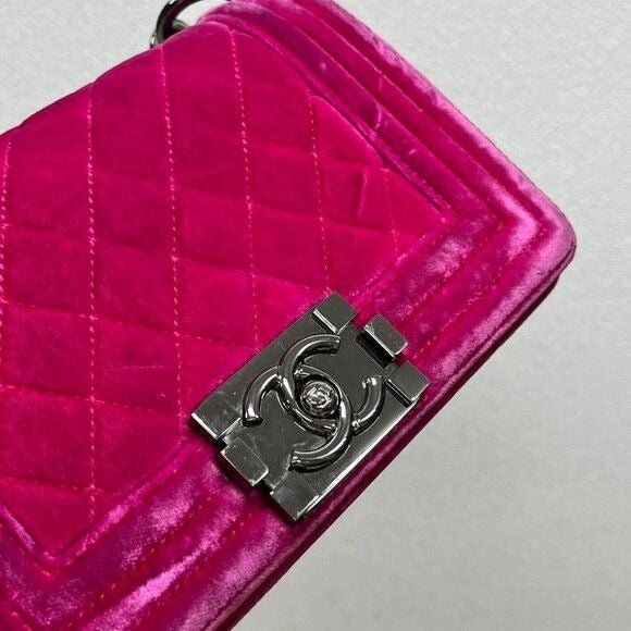 CHANEL Boy Flap Bag Quilted Chain Shoulder Bag Velvet Pink Fuchsia - The Reluxe