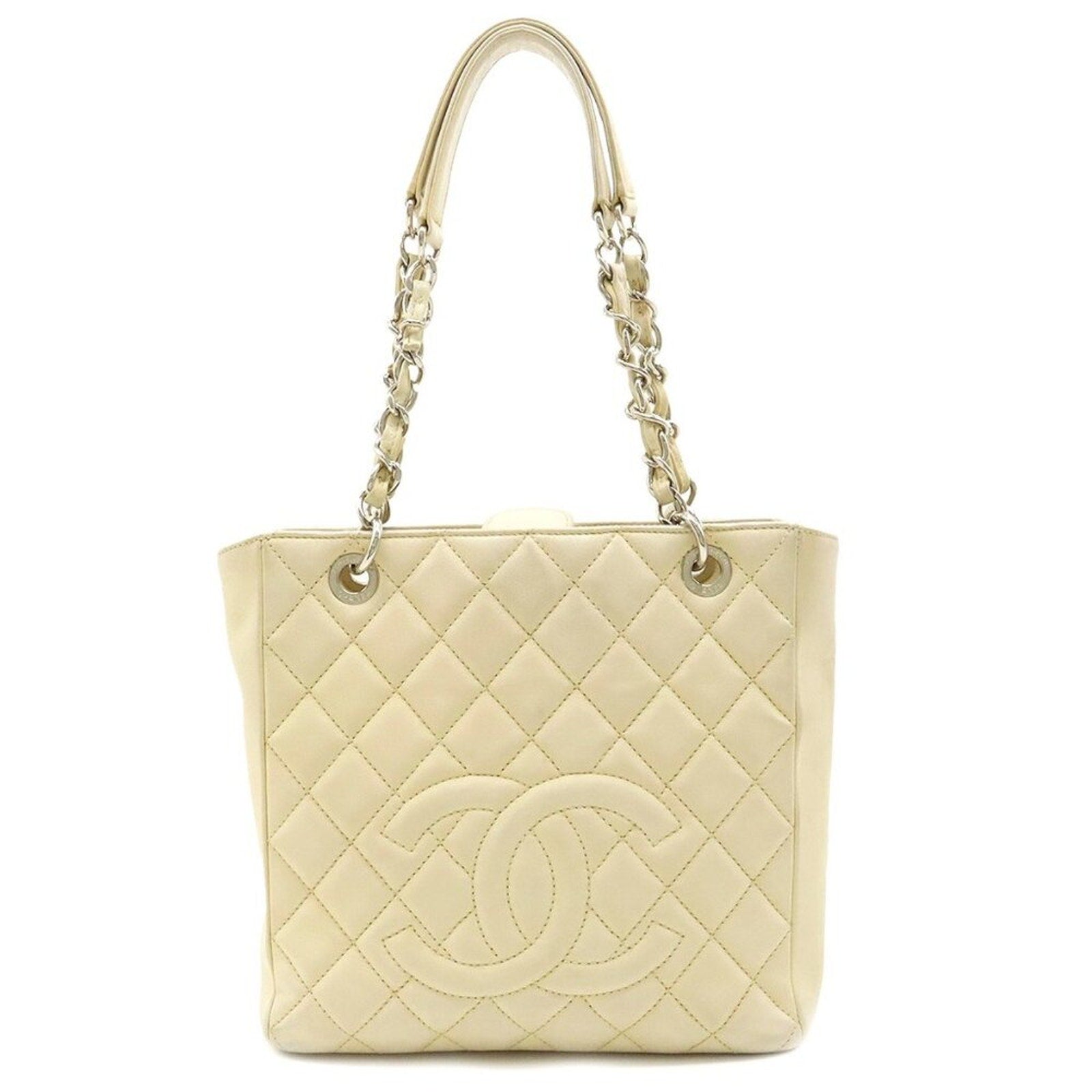 Chanel Caviar Leather Petite Shopping Tote Quilted Shoulder Bag Ivory - The Reluxe