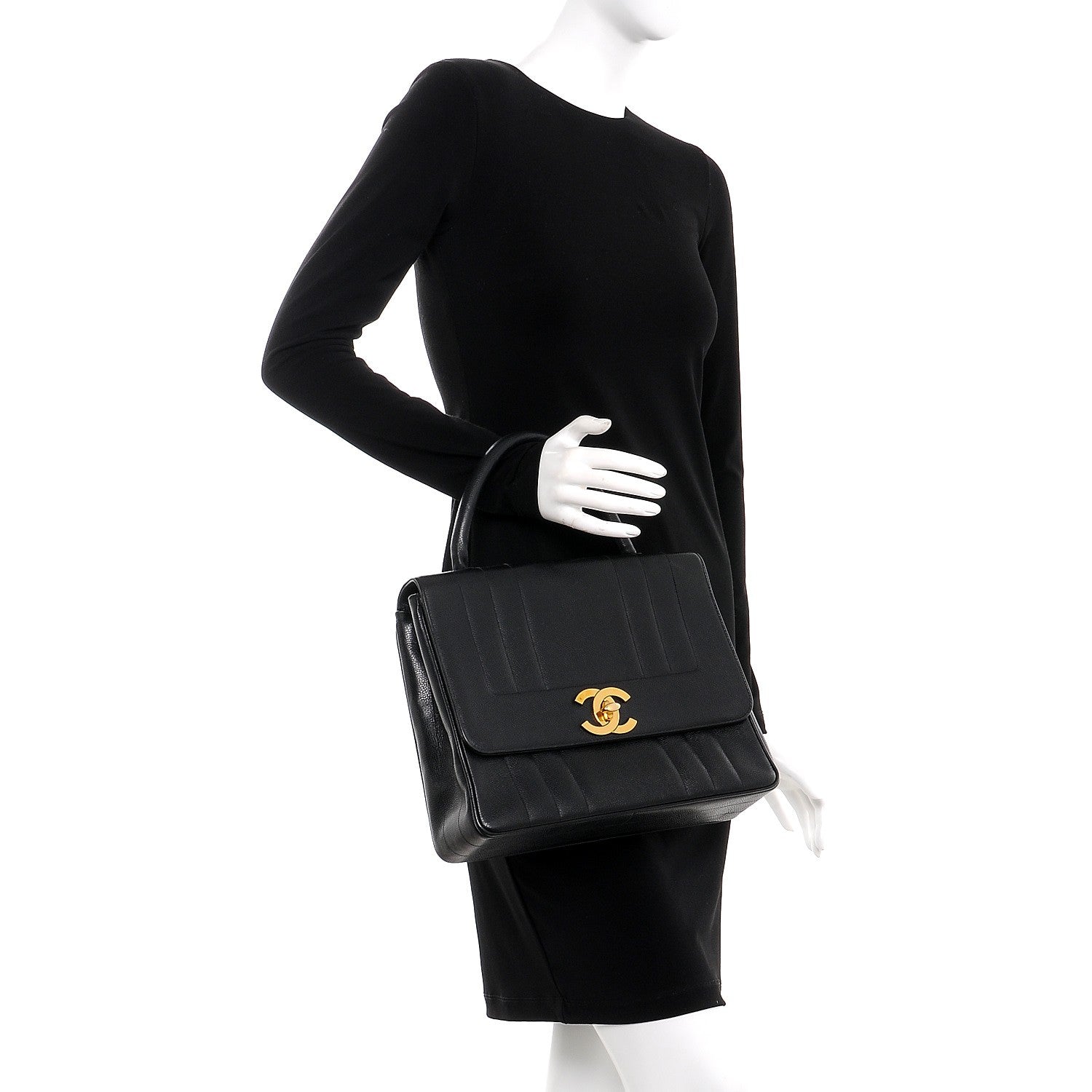 CHANEL CC Caviar Vertical Quilted Kelly Flap Bag Black Purse Handle - The Reluxe