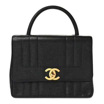 CHANEL CC Caviar Vertical Quilted Kelly Flap Bag Black Purse Handle - The Reluxe