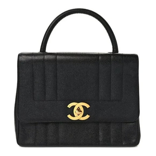 CHANEL CC Caviar Vertical Quilted Kelly Flap Bag Black Purse Handle - The Reluxe