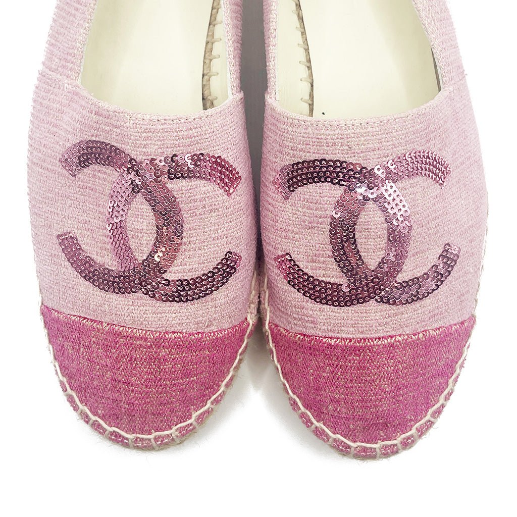 CHANEL CC Logo Canvas Pink Sequin Espadrilles 38 - The Reluxe