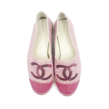 CHANEL CC Logo Canvas Pink Sequin Espadrilles 38 - The Reluxe