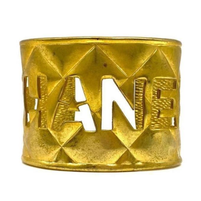 CHANEL CC Logo Cut Out Vintage Bracelet Cuff Bangle Gold Quilted Wide - The Reluxe