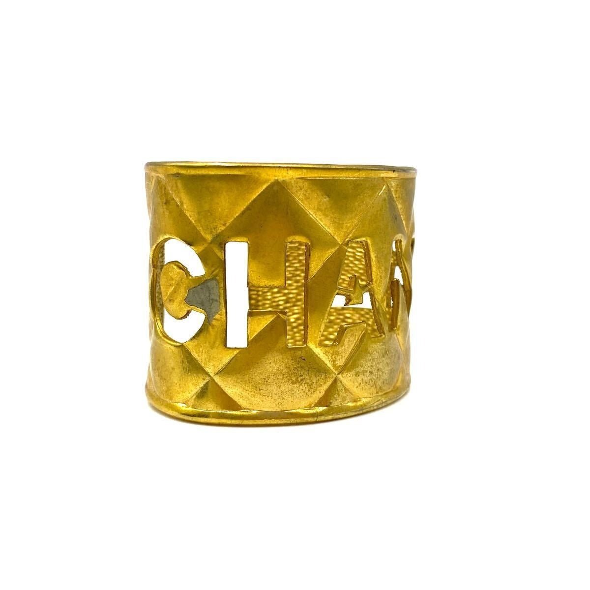 CHANEL CC Logo Cut Out Vintage Bracelet Cuff Bangle Gold Quilted Wide - The Reluxe