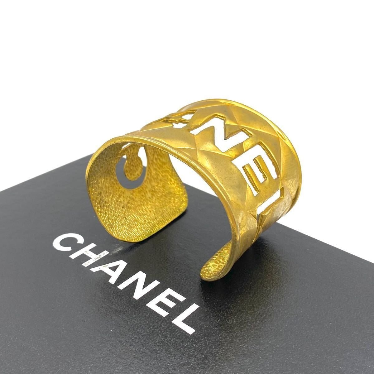 CHANEL CC Logo Cut Out Vintage Bracelet Cuff Bangle Gold Quilted Wide - The Reluxe