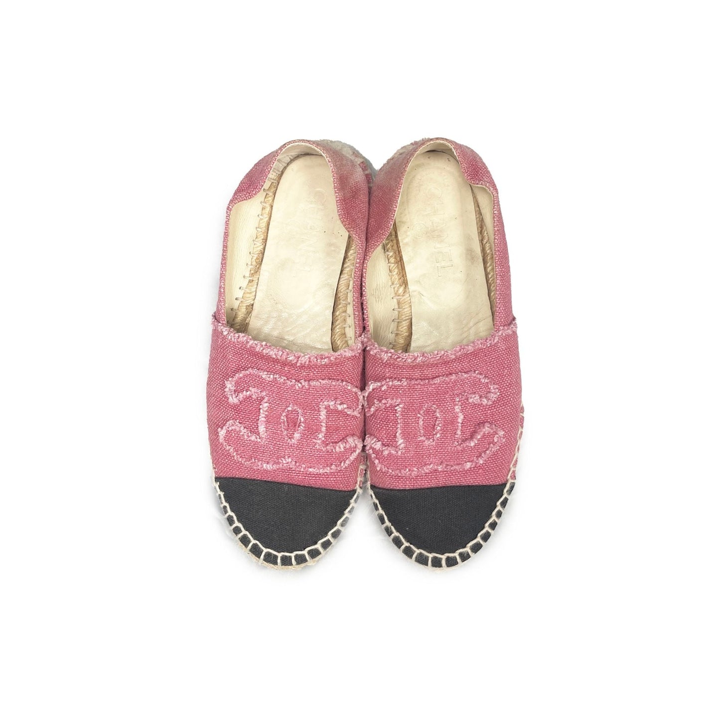 CHANEL CC Logo Linen Pink Black Espadrilles Flats Shoes 38 - The Reluxe