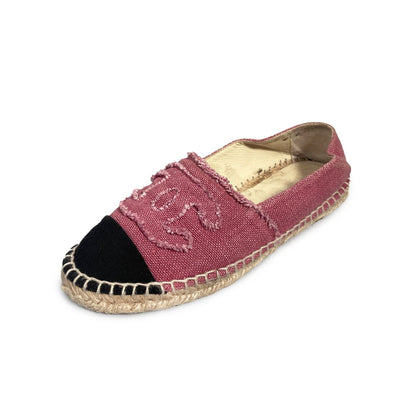 CHANEL CC Logo Linen Pink Black Espadrilles Flats Shoes 38 - The Reluxe