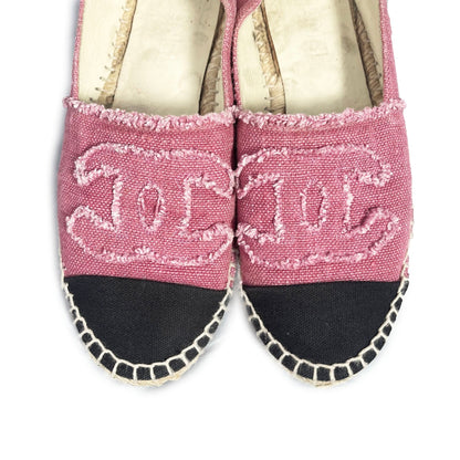 CHANEL CC Logo Linen Pink Black Espadrilles Flats Shoes 38 - The Reluxe