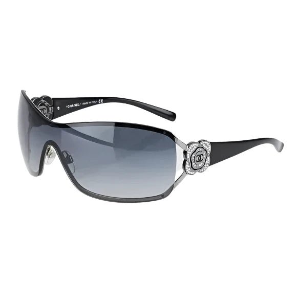 CHANEL CC Logo Vintage Shield Gradient Sunglasses Swarovski Crystal Camellia - The Reluxe