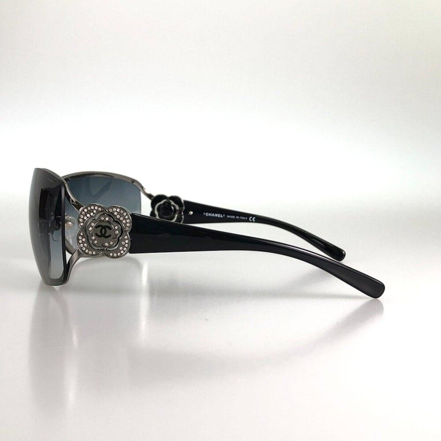 CHANEL CC Logo Vintage Shield Gradient Sunglasses Swarovski Crystal Camellia - The Reluxe