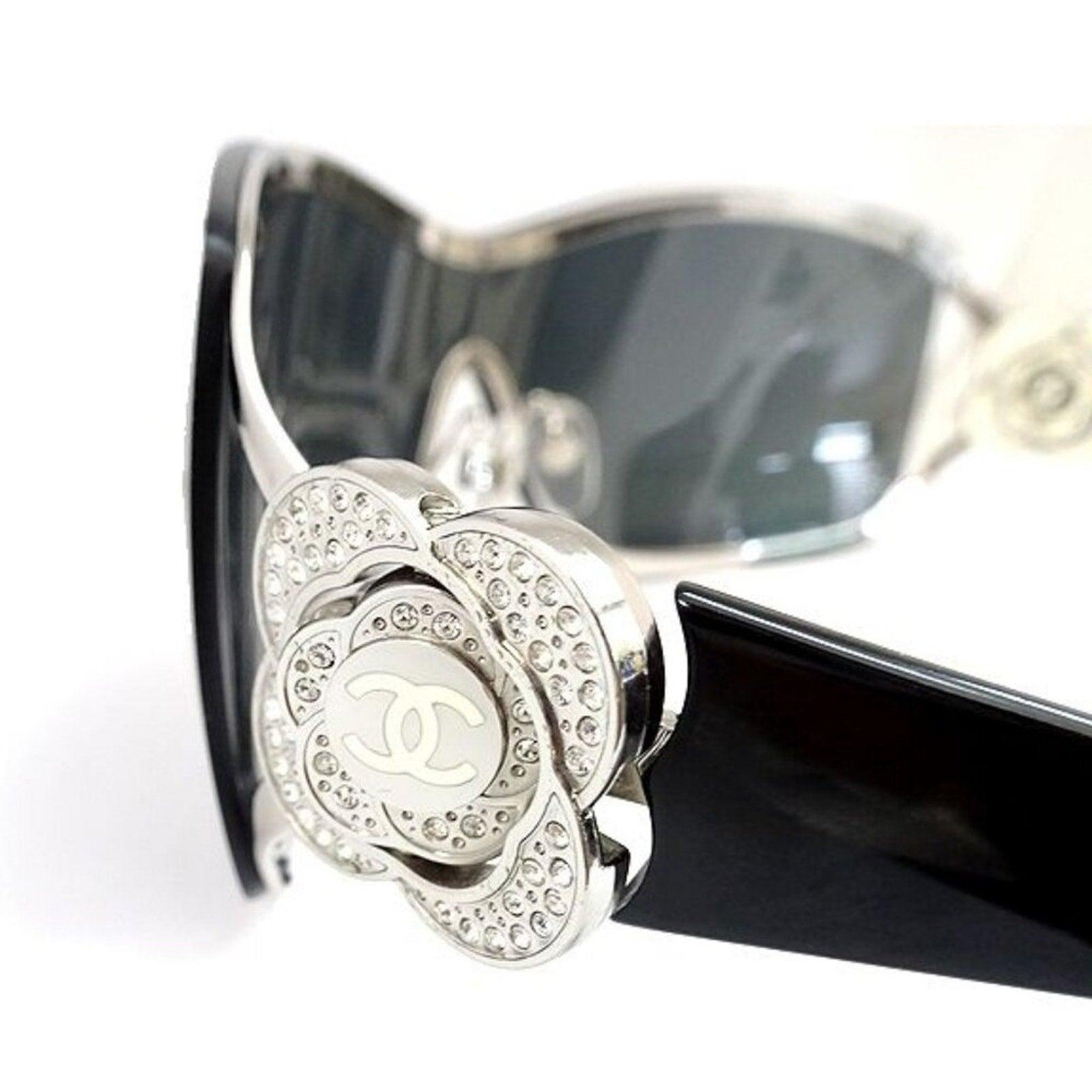 CHANEL CC Logo Vintage Shield Gradient Sunglasses Swarovski Crystal Camellia - The Reluxe