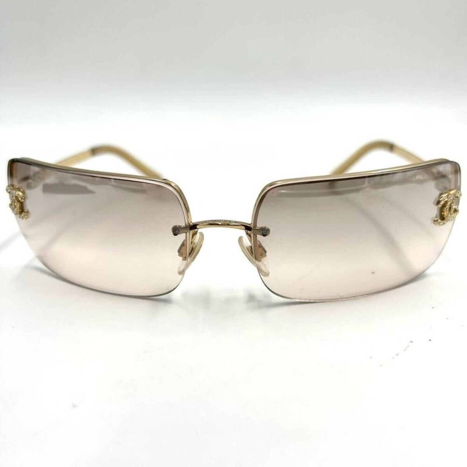 CHANEL Vintage Sunglasses Rhinestone CC Logo Rimless Gradient Gold Y2K - The Reluxe