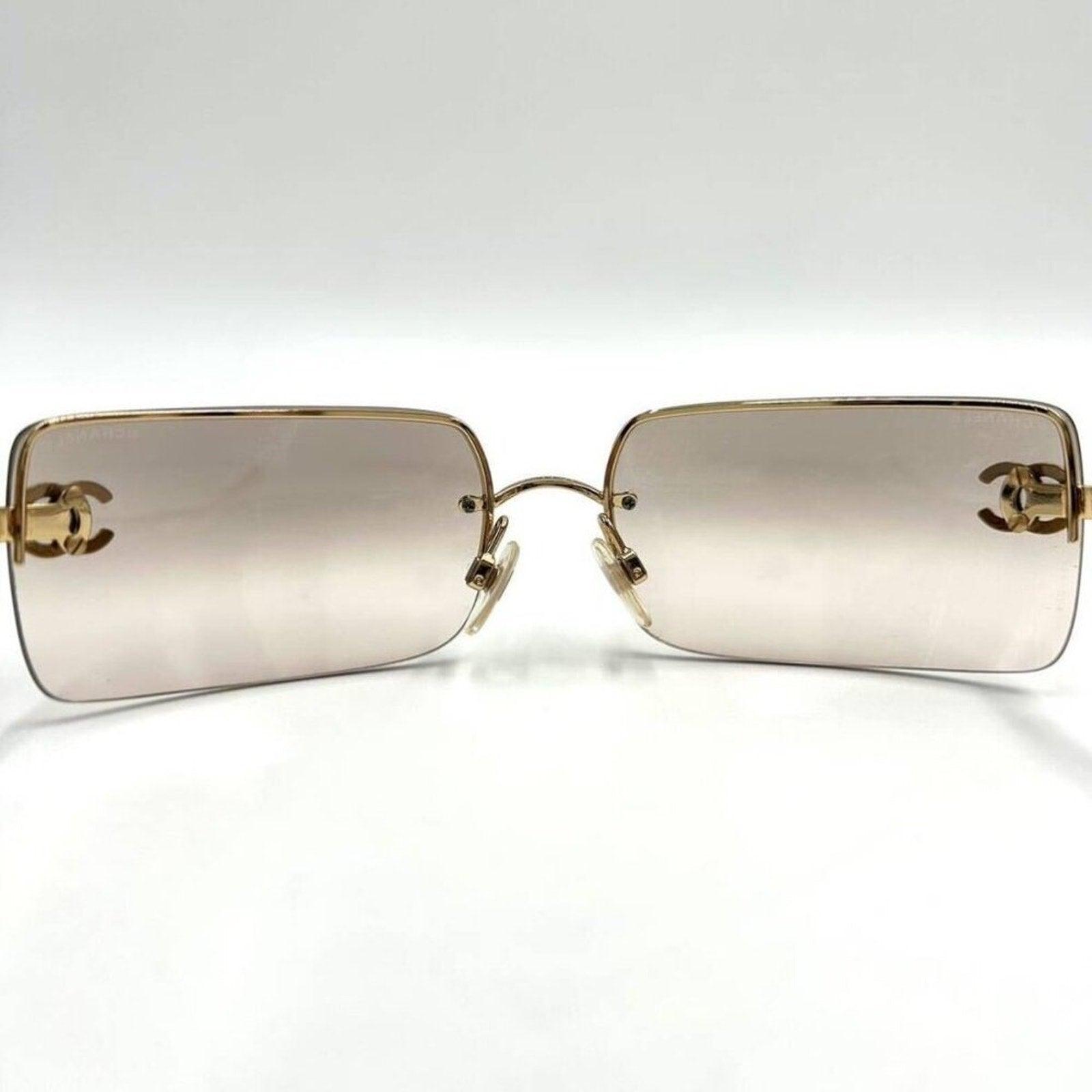 CHANEL Vintage Sunglasses Rhinestone CC Logo Rimless Gradient Gold Y2K - The Reluxe