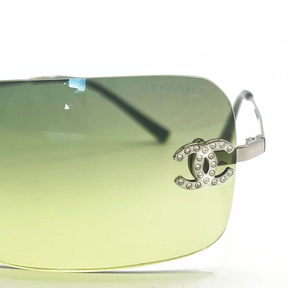 CHANEL Vintage Sunglasses Rhinestone CC Logo Rimless Gradient Green Tint - The Reluxe