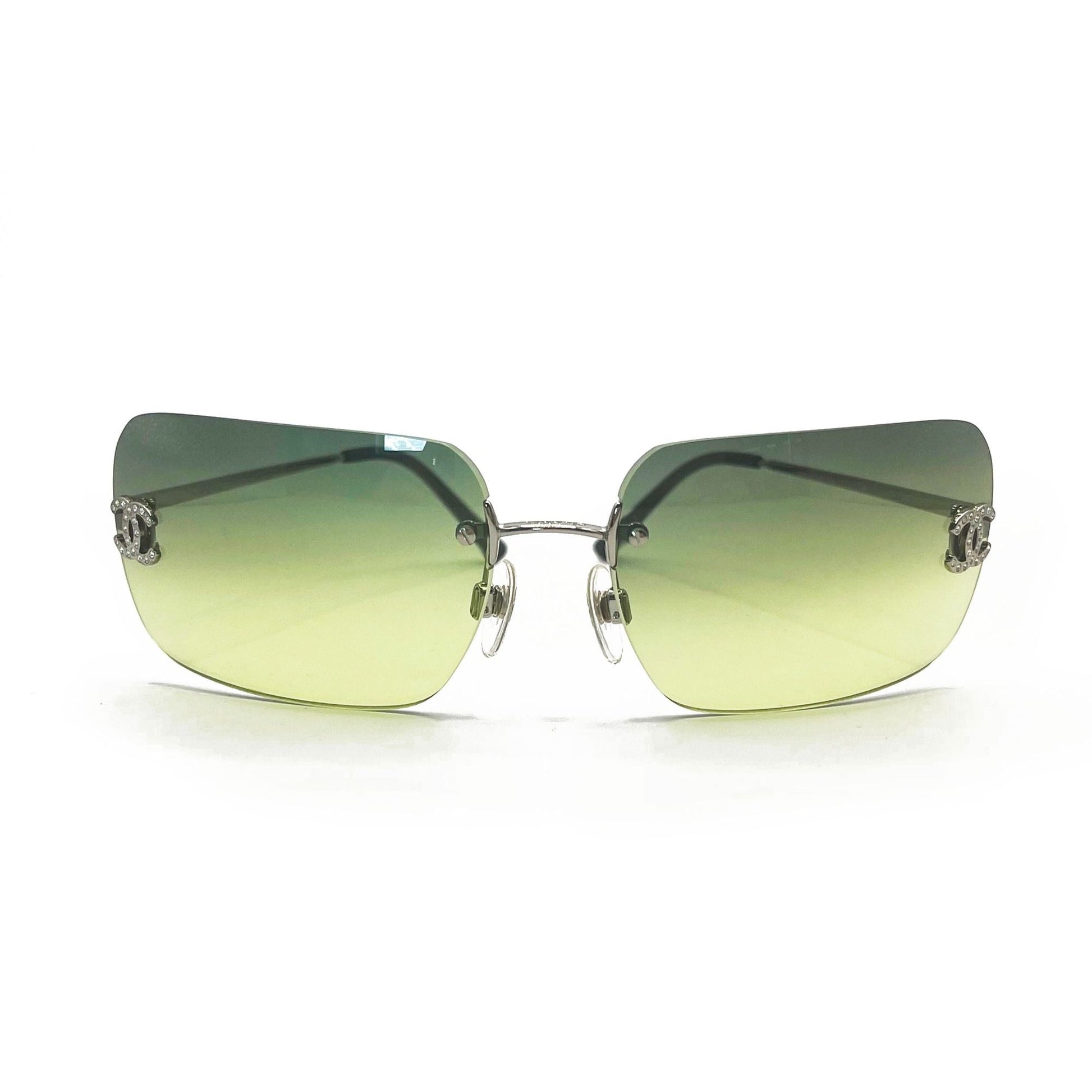 CHANEL Vintage Sunglasses Rhinestone CC Logo Rimless Gradient Green Tint - The Reluxe