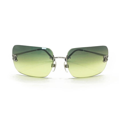 CHANEL Vintage Sunglasses Rhinestone CC Logo Rimless Gradient Green Tint - The Reluxe