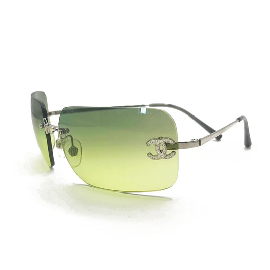 CHANEL Vintage Sunglasses Rhinestone CC Logo Rimless Gradient Green Tint - The Reluxe